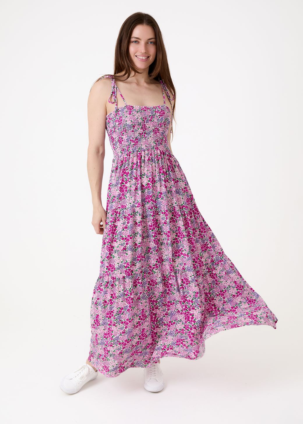 Ditsy Cluster Shirring Shoestring Maxi Dress