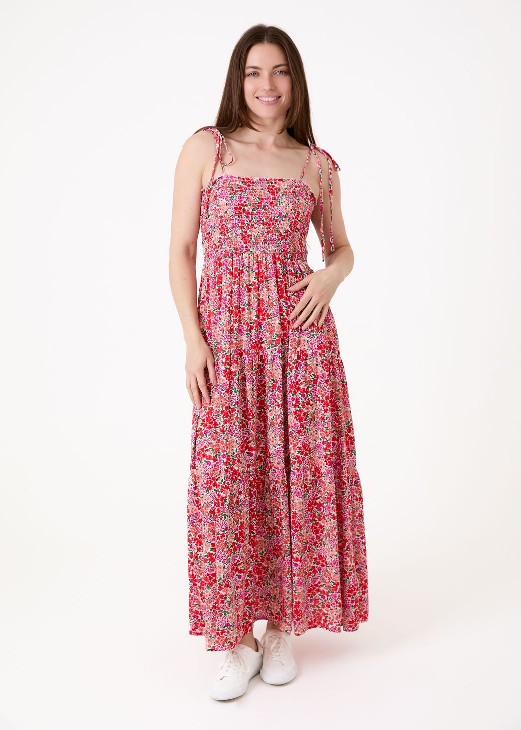 Ditsy Cluster Shirring Shoestring Maxi Dress