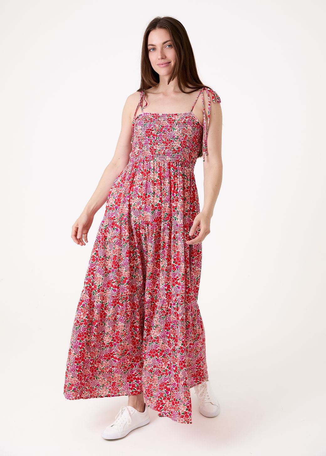 Ditsy Cluster Shirring Shoestring Maxi Dress