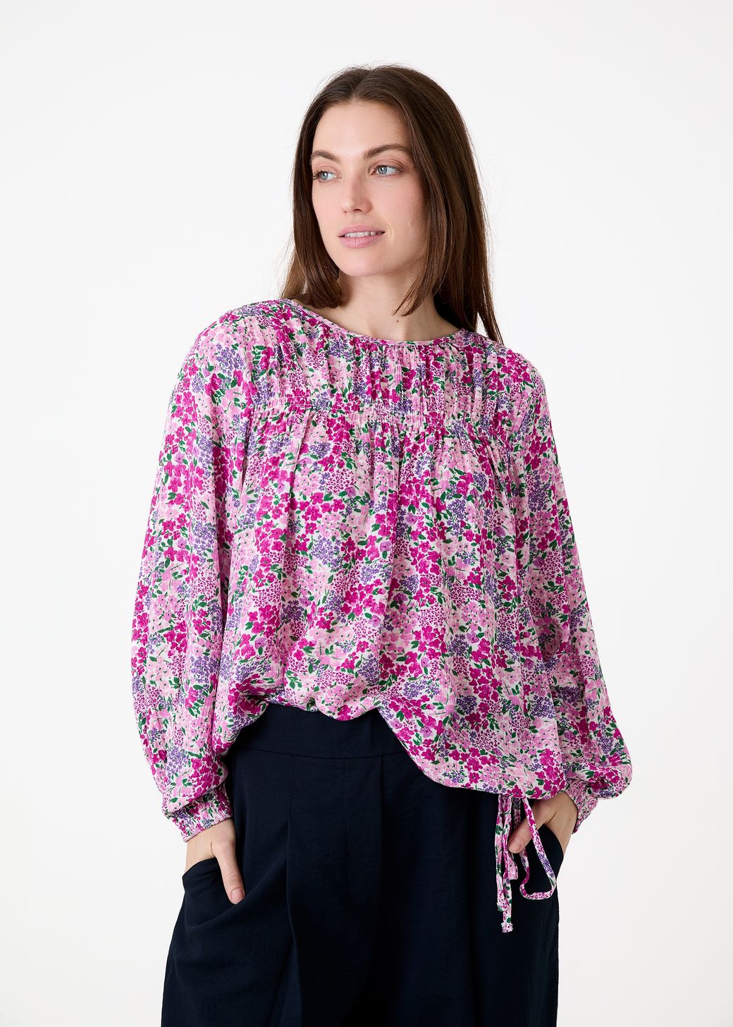 Ditsy Cluster Drawstring Hem Blouse