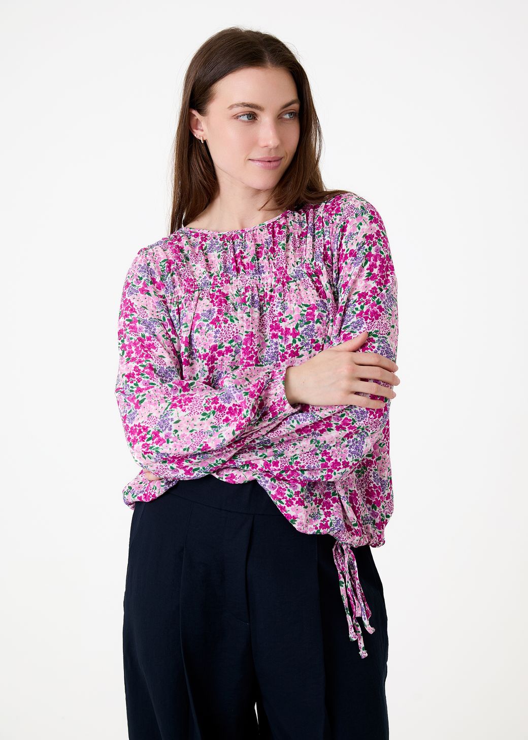 Ditsy Cluster Drawstring Hem Blouse