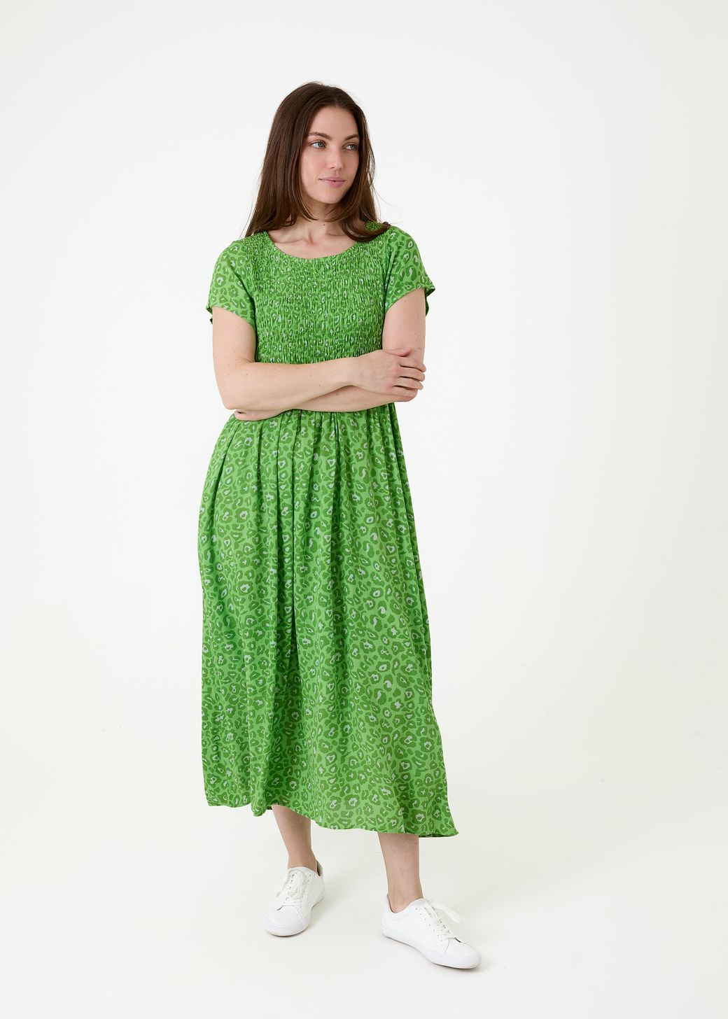 Tonal Leopard Short Sleeve Shirring Dress