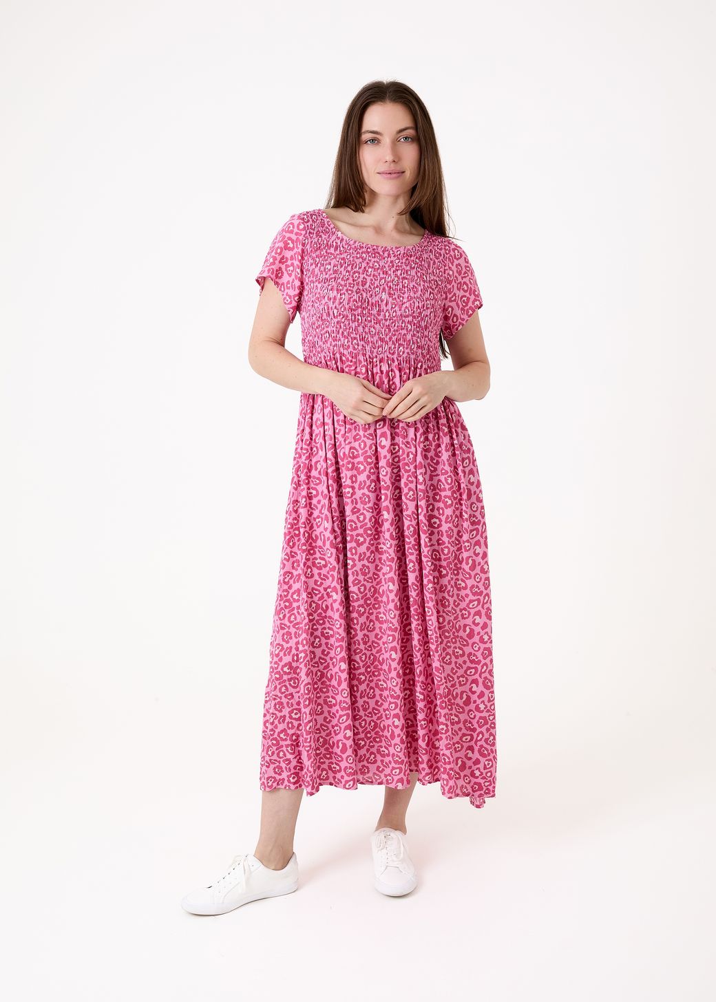 Tonal Leopard Short Sleeve Shirring Dress