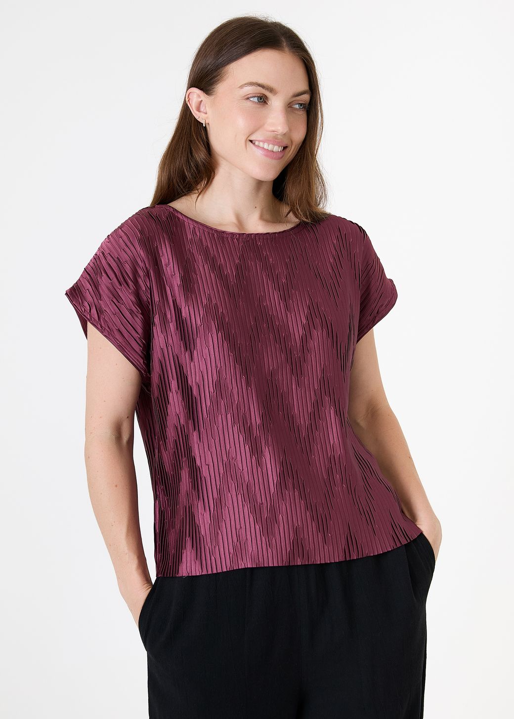 Chevron Pleat Cap Sleeve Satin Top