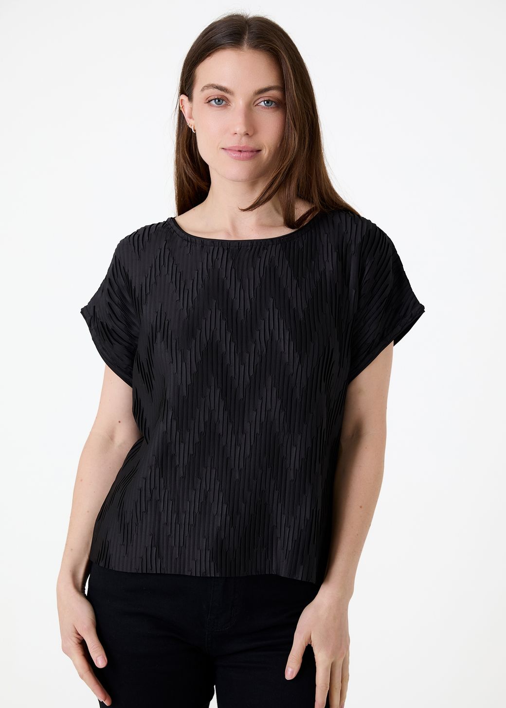 Chevron Pleat Cap Sleeve Satin Top