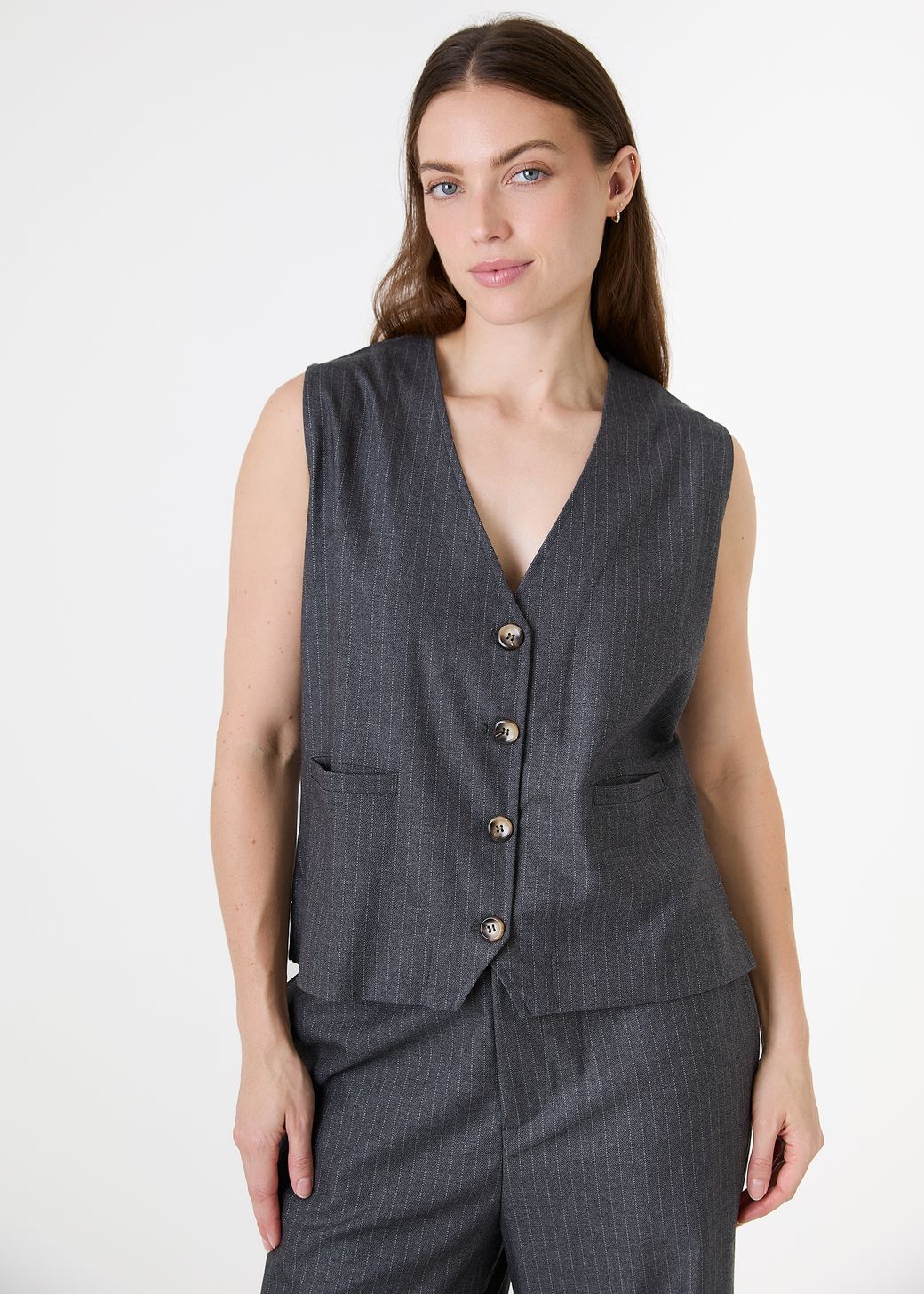 Simple Pinstripe V Neck Waistcoat