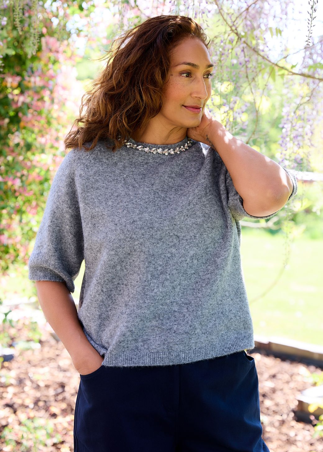 Diamante Necklace Short Sleeve Raglan Jumper