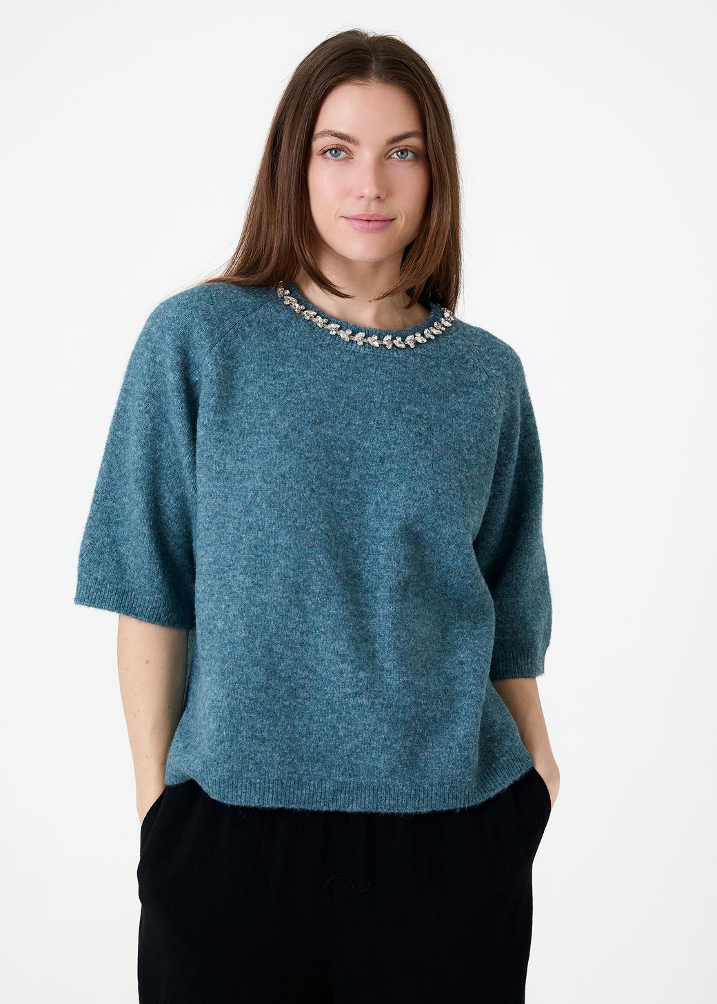 Diamante Necklace Short Sleeve Raglan Jumper