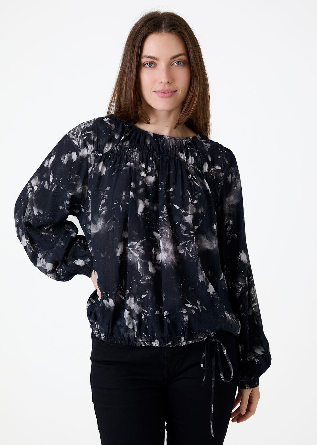 Floral Foliage Drawstring Hem Blouse