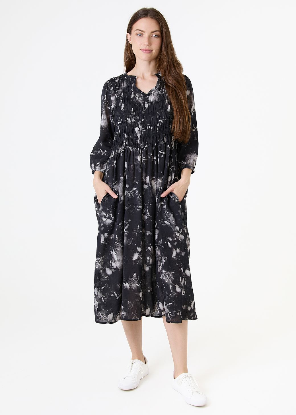Floral Foliage Shirring Notch Neck Dress