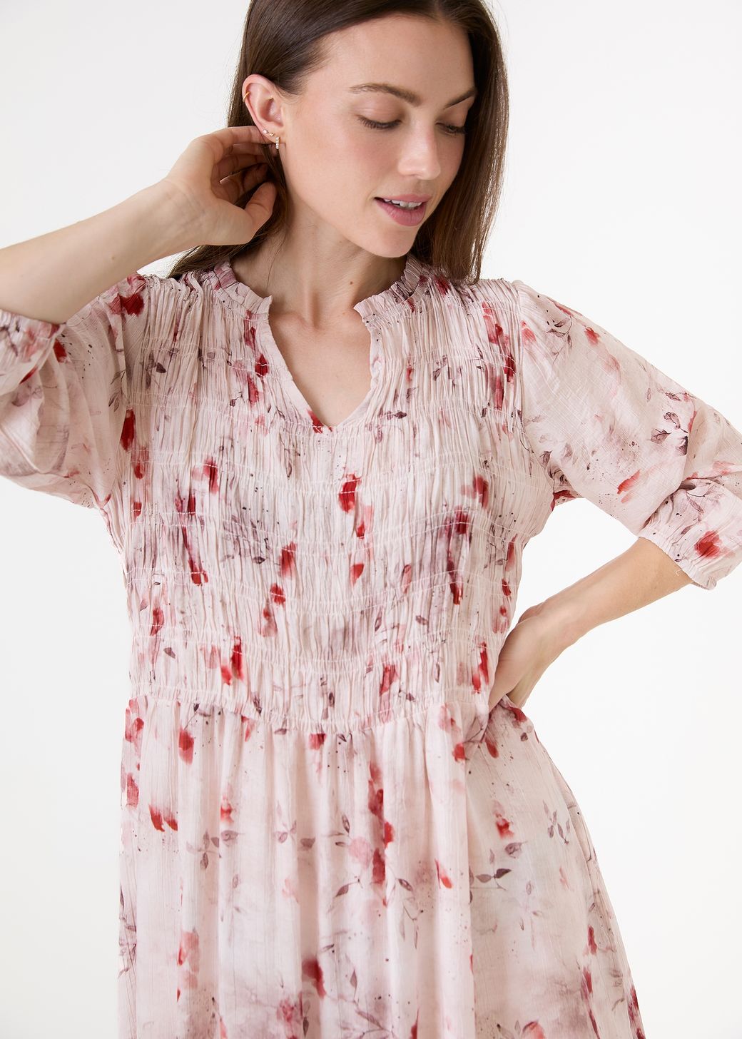 Floral Foliage Shirring Notch Neck Dress