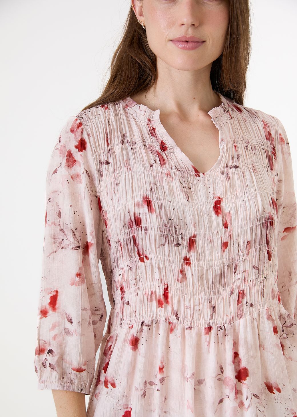 Floral Foliage Shirring Notch Neck Dress
