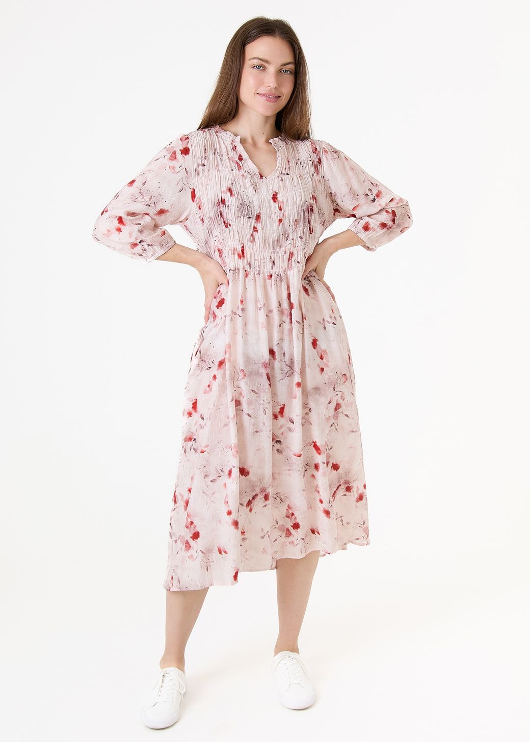 Floral Foliage Shirring Notch Neck Dress