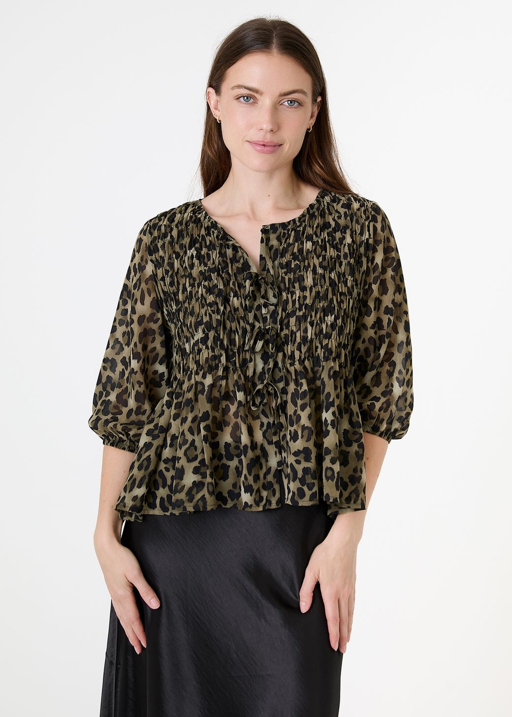 Leopard Print Chiffon Tie Front Shirring Blouse