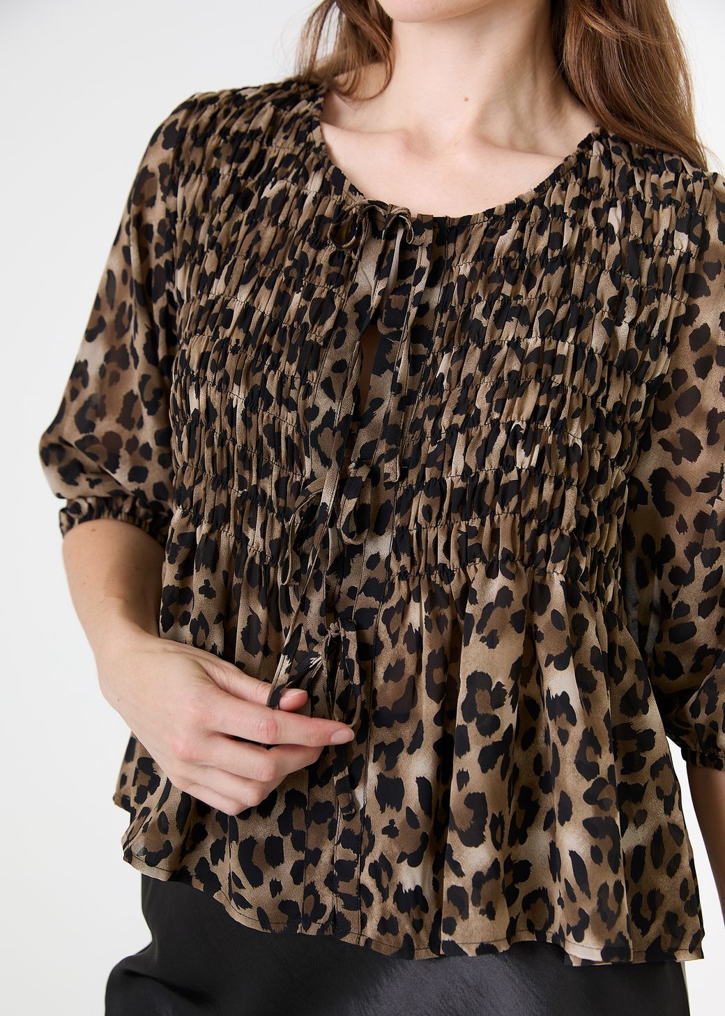 Leopard Print Chiffon Tie Front Shirring Blouse