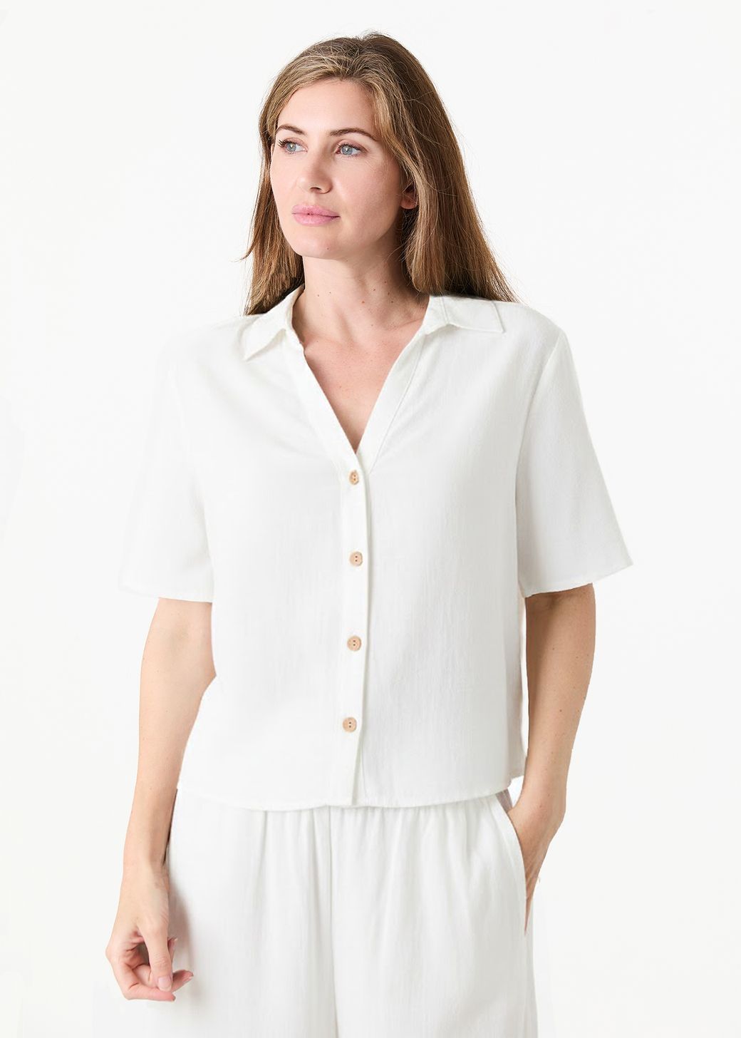 Linen Viscose Short Sleeve Notch Neck Boxy Shirt
