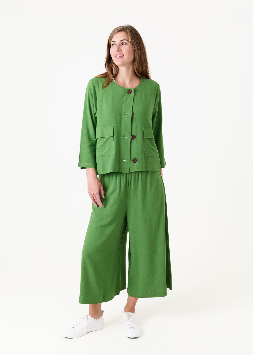 Linen Viscose Boxy Round Neck Two Pocket Jacket
