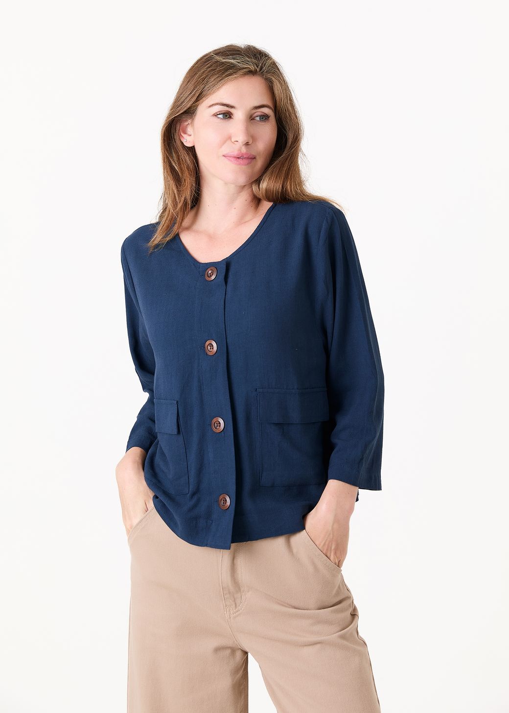 Linen Viscose Boxy Round Neck Two Pocket Jacket