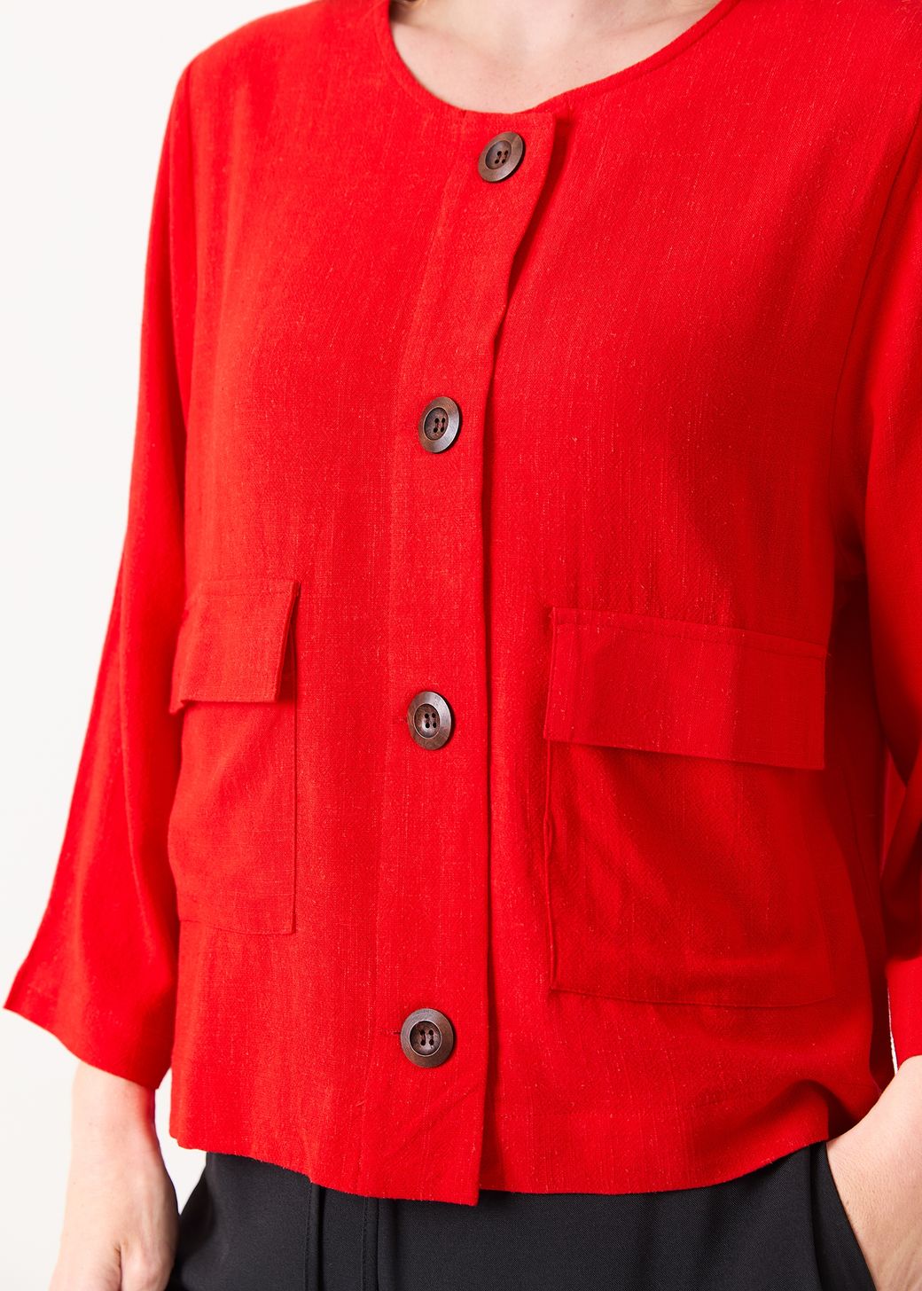 Linen Viscose Boxy Round Neck Two Pocket Jacket
