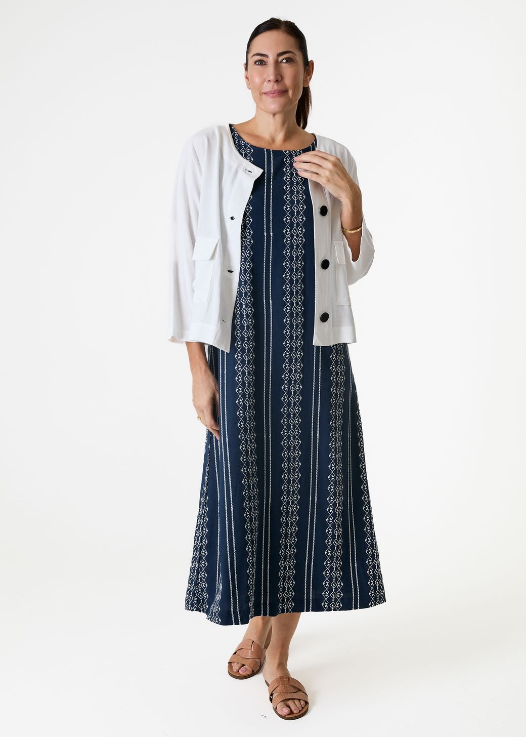 Linen Viscose Boxy Round Neck Two Pocket Jacket