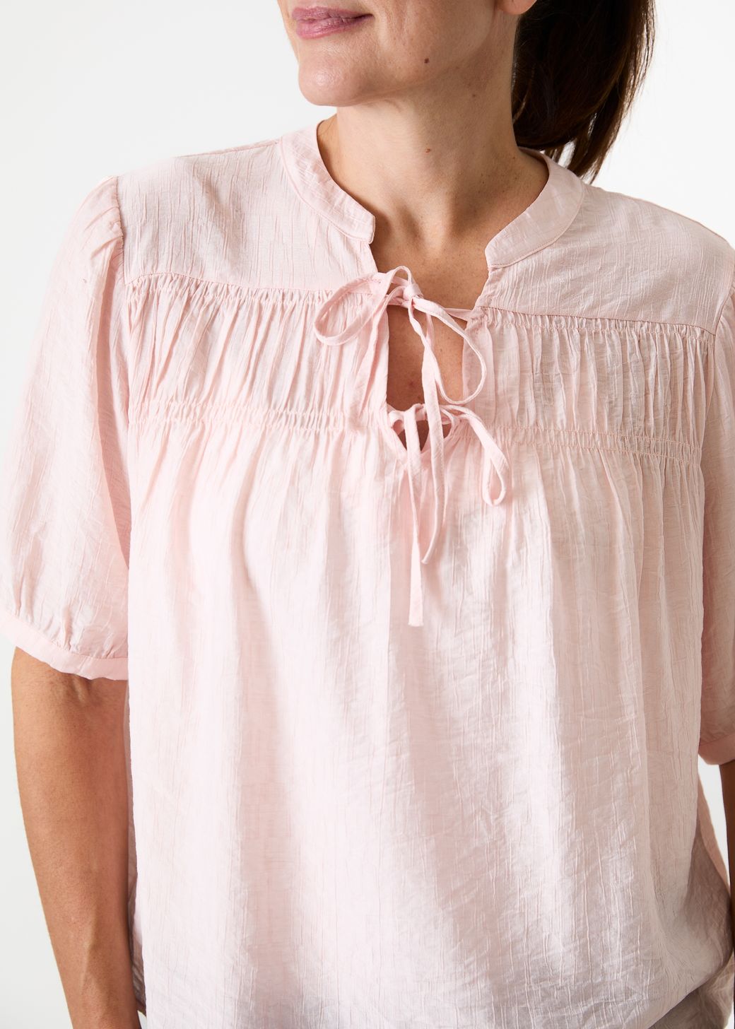 Textured Nehru Tie Neck Shirred Blouse
