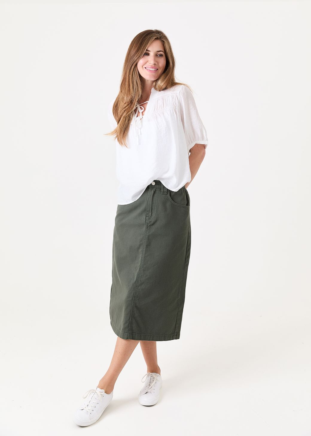 Textured Nehru Tie Neck Shirred Blouse