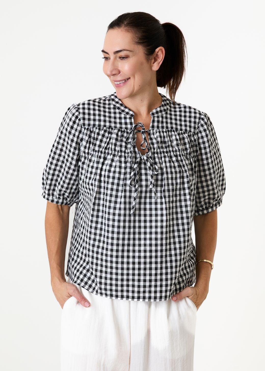 Gingham Nehru Tie Neck Shirred Blouse