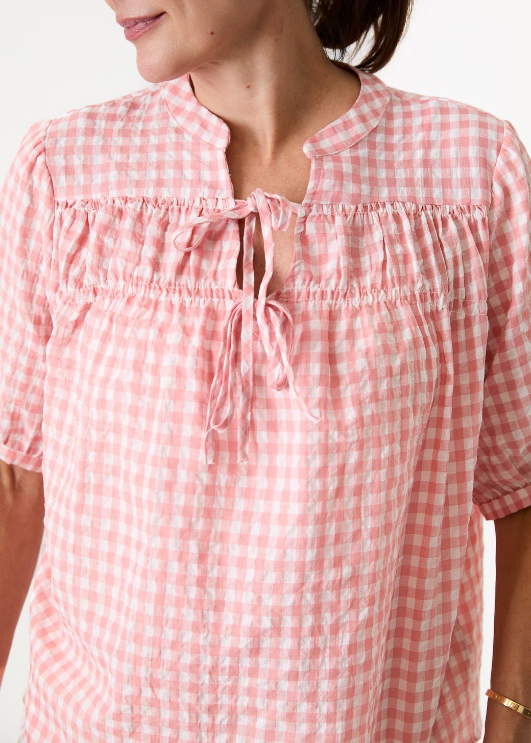 Gingham Nehru Tie Neck Shirred Blouse