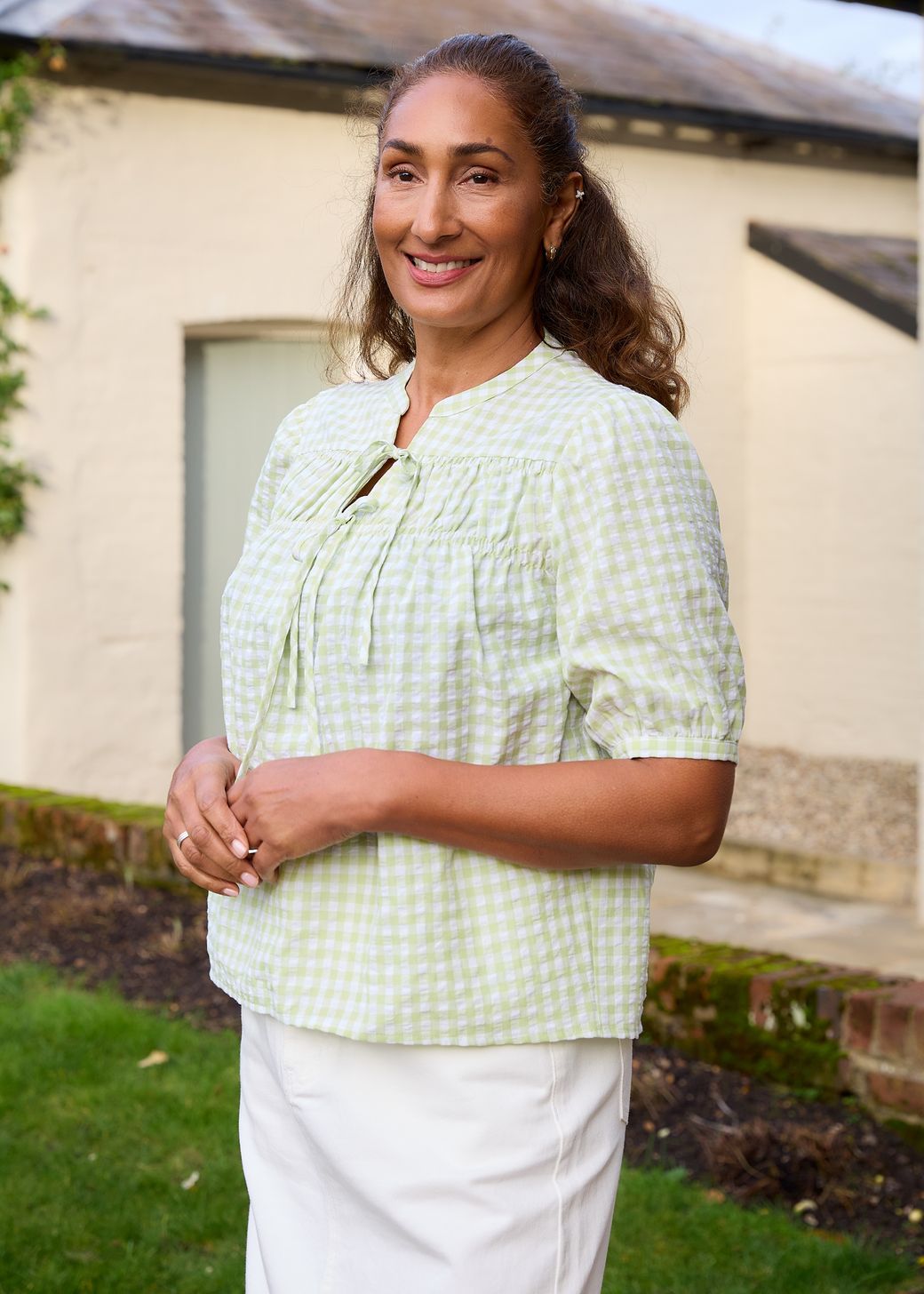Gingham Nehru Tie Neck Shirred Blouse