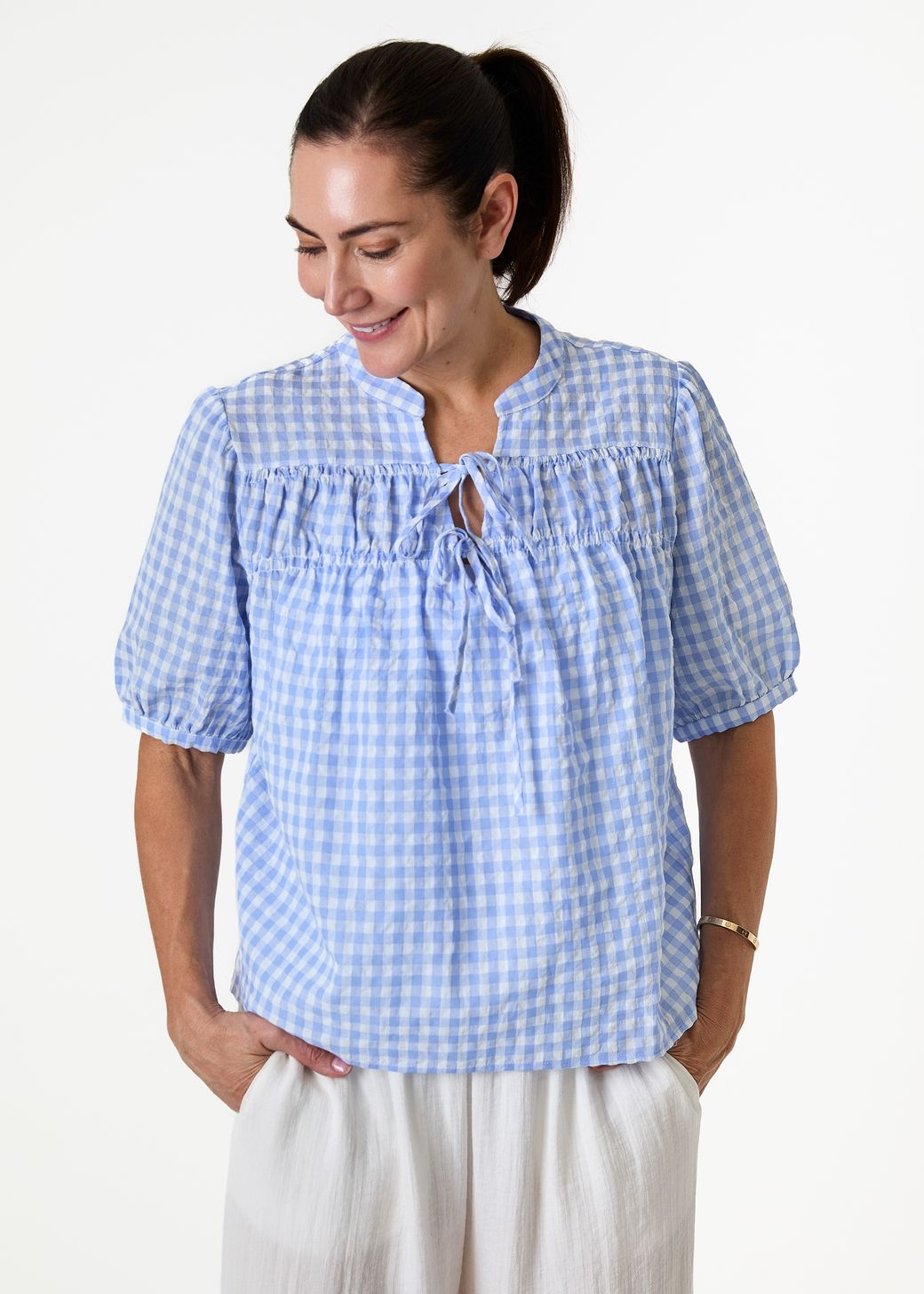 Gingham Nehru Tie Neck Shirred Blouse