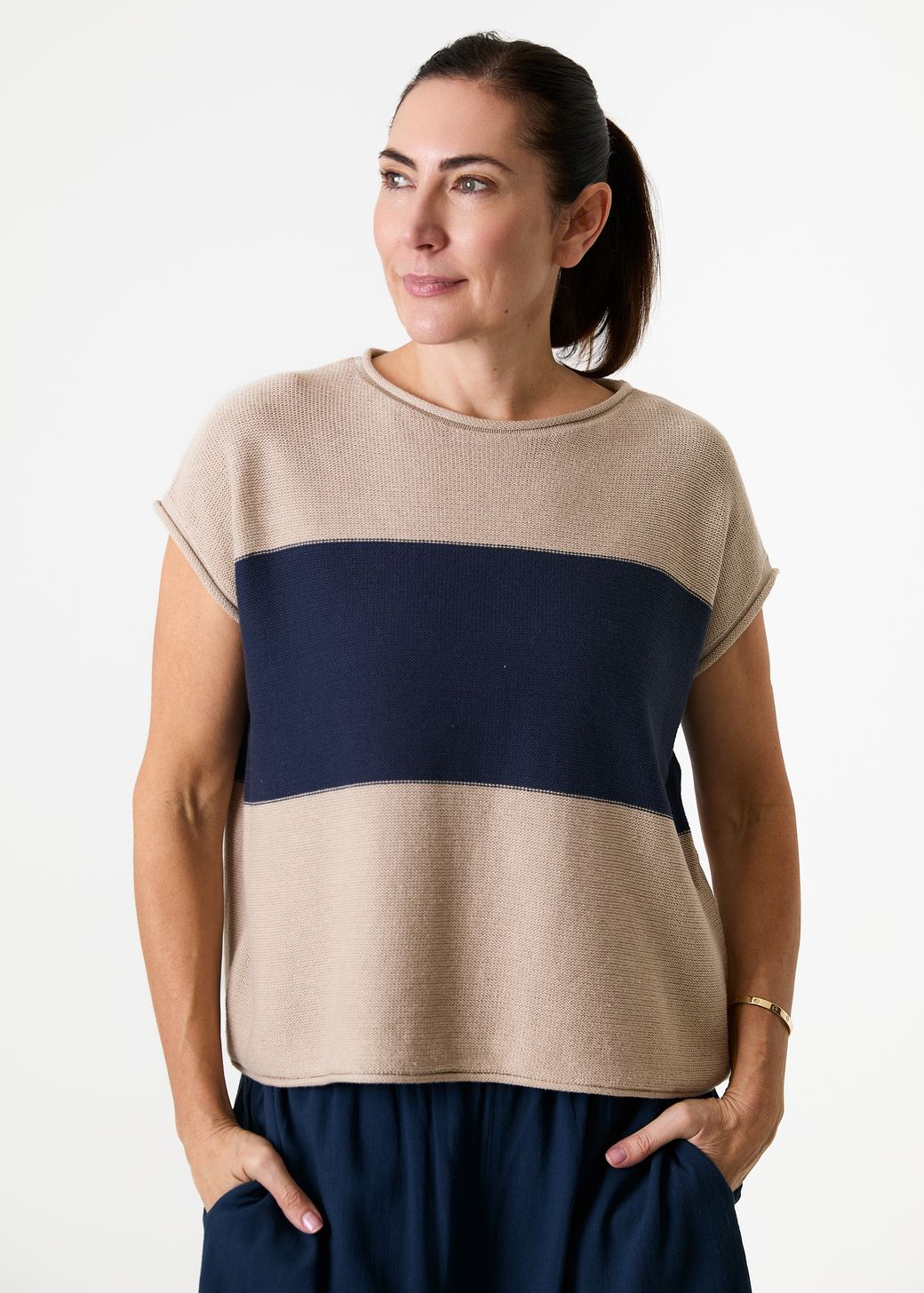 Cotton Mix Block Stripe Sleeveless Jumper
