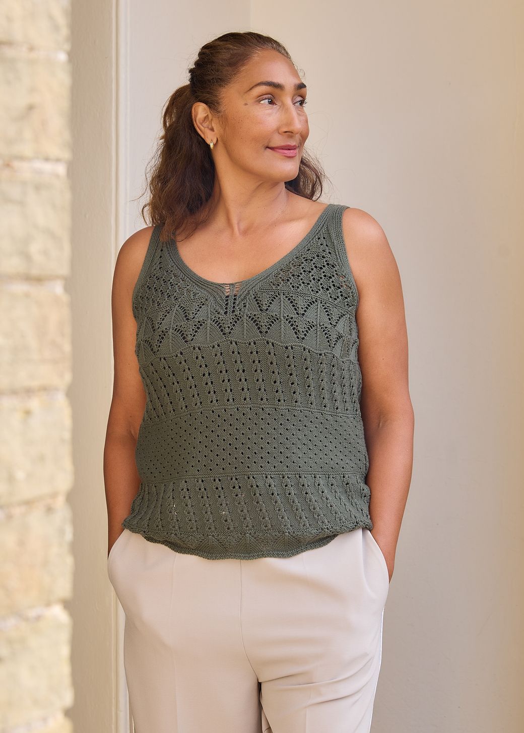 Cotton Mix Pointelle v Neck Vest Top