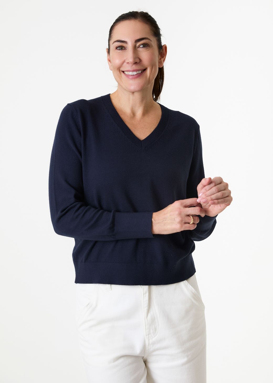 Cashmere Like Deep Cuff Fitted v Neck Jumper