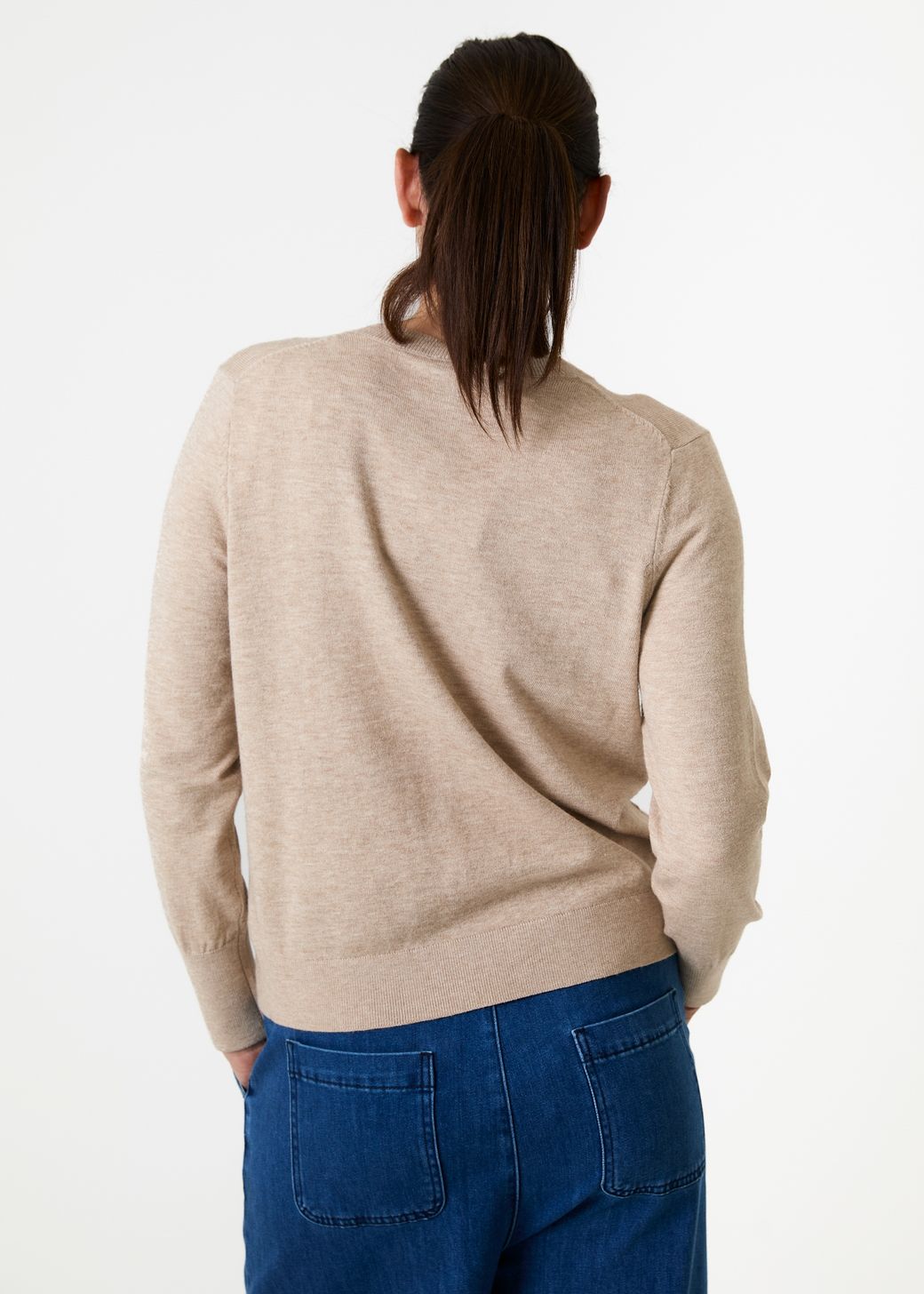 Cashmere Like Deep Cuff Fitted v Neck Jumper