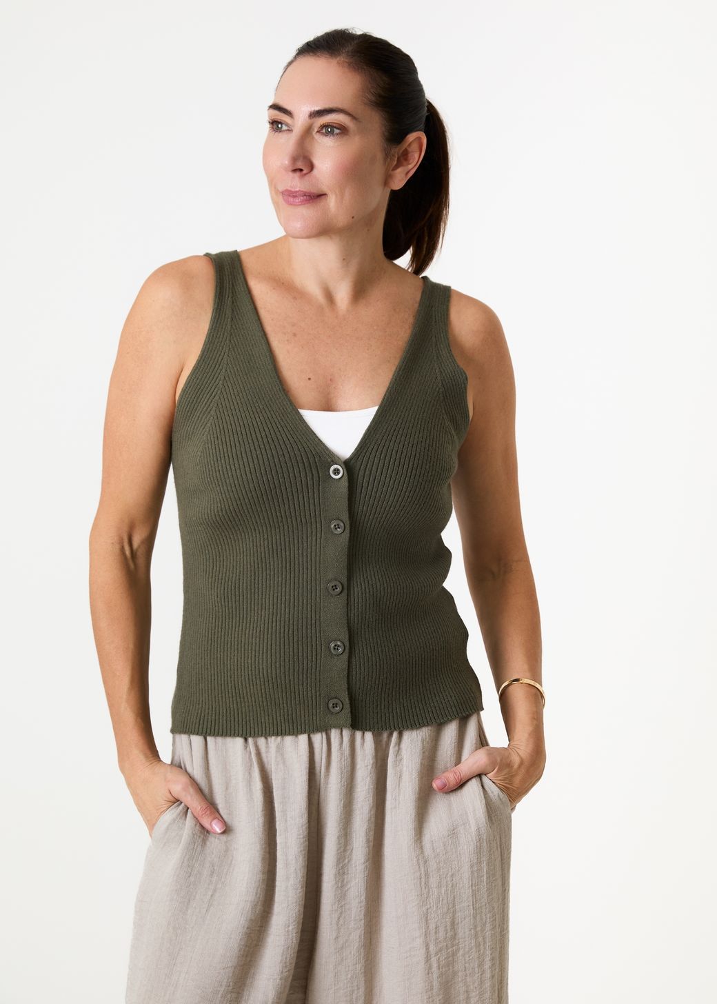 Cashmere Like v Neck Button Through Knitted Vest