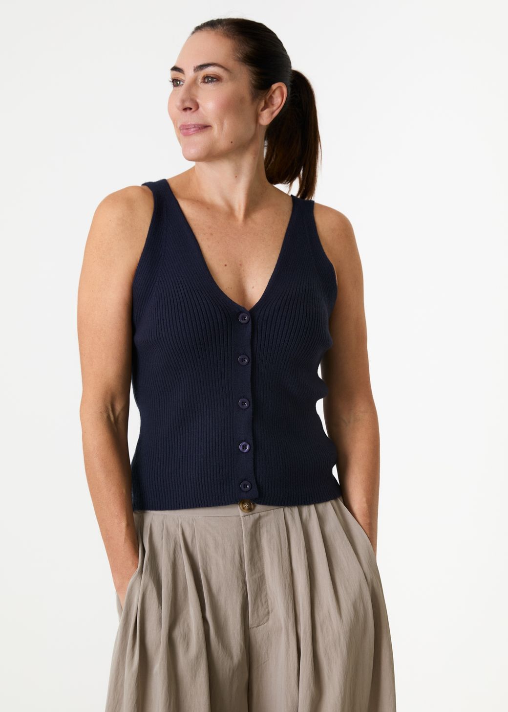 Cashmere Like v Neck Button Through Knitted Vest