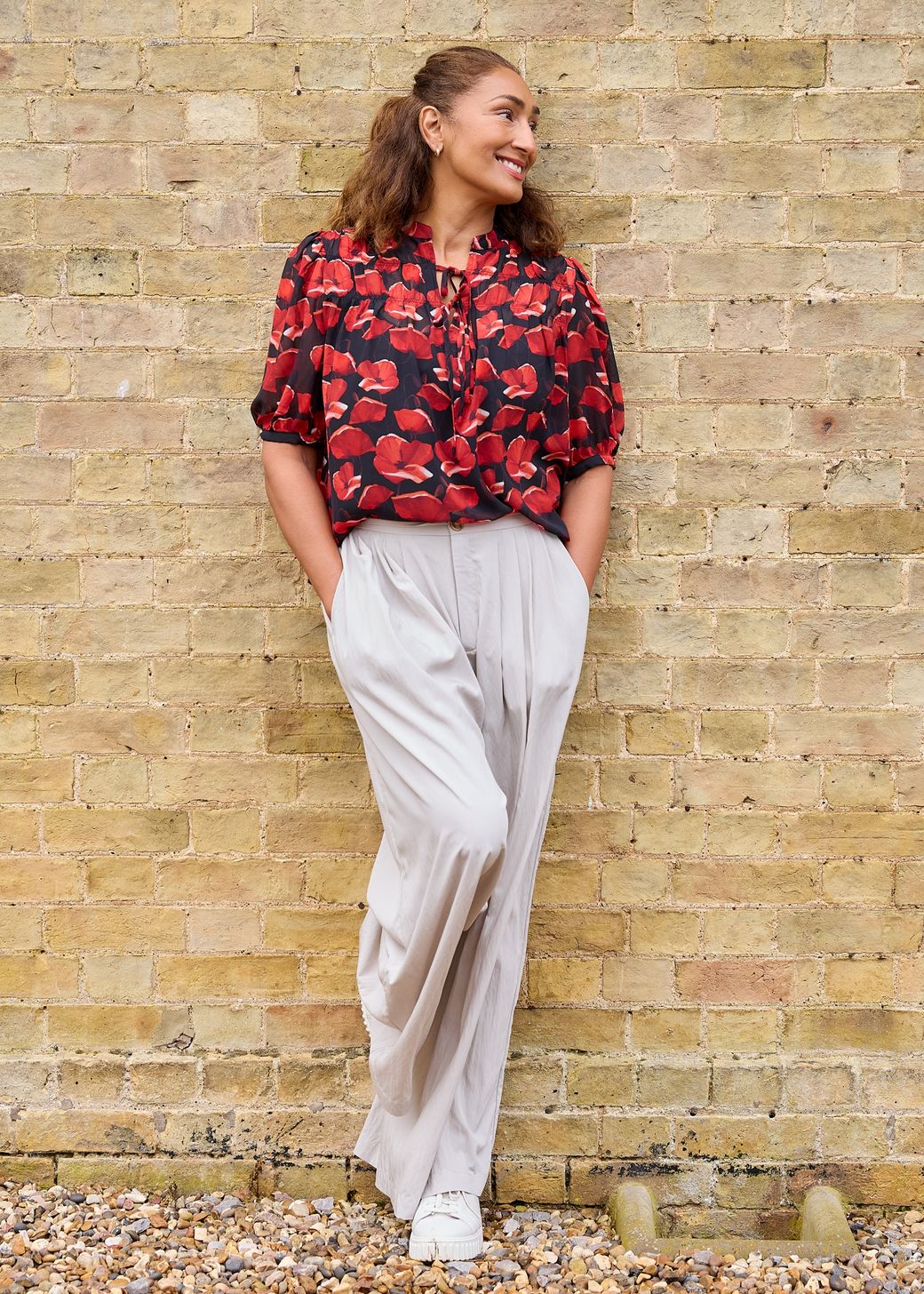 Painterly Poppies Tie Neck Shirred Blouse