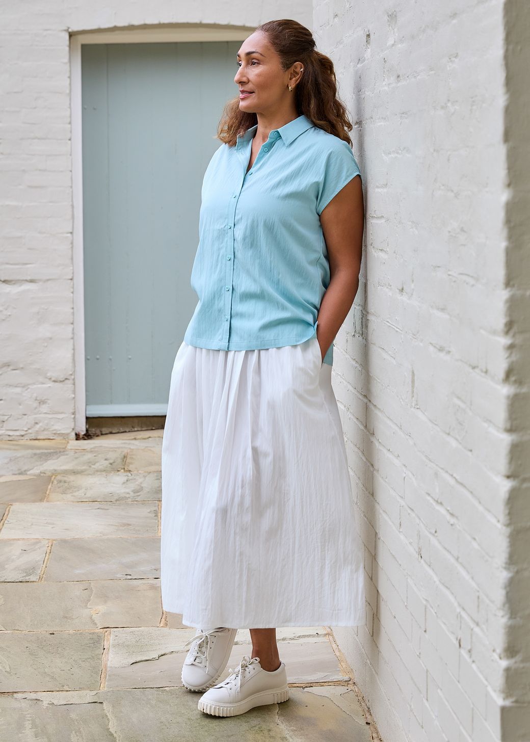 Pleat Front Elastic Waist Midi Skirt