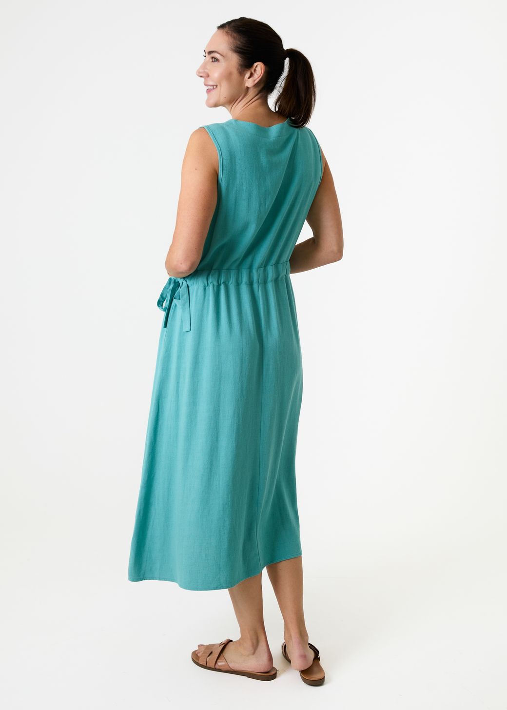 Linen Viscose Sleeveless v Neck Drawstring Waist Dress