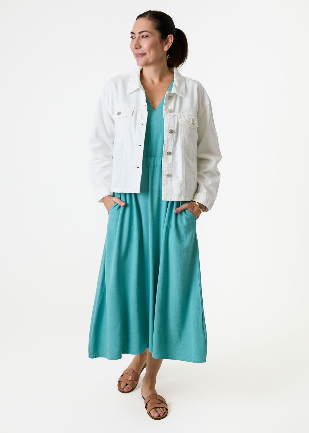 Linen Viscose Sleeveless v Neck Drawstring Waist Dress