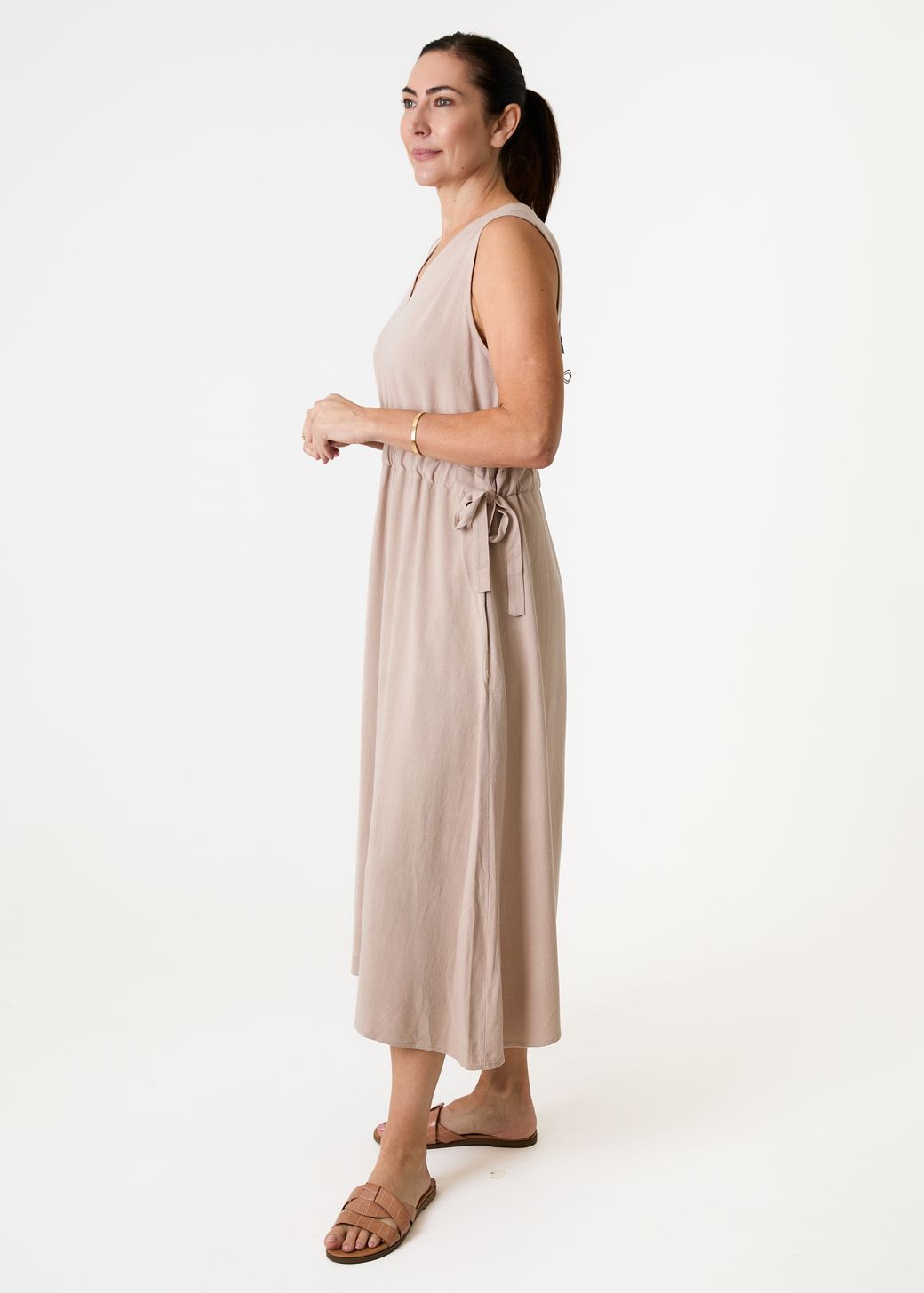 Linen Viscose Sleeveless v Neck Drawstring Waist Dress