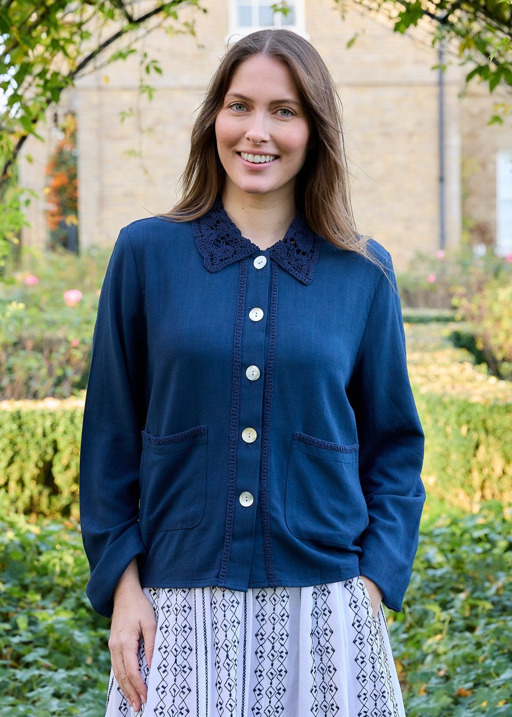 Linen Viscose Crochet Collar Boxy Linen Jacket