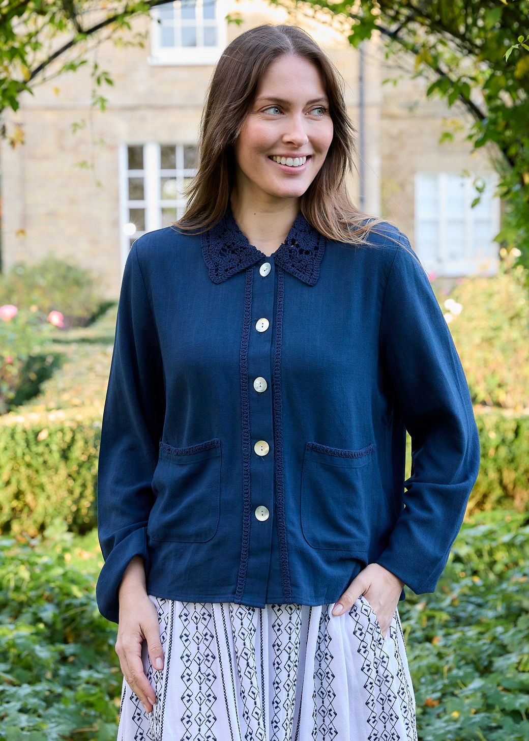 Linen Viscose Crochet Collar Boxy Linen Jacket