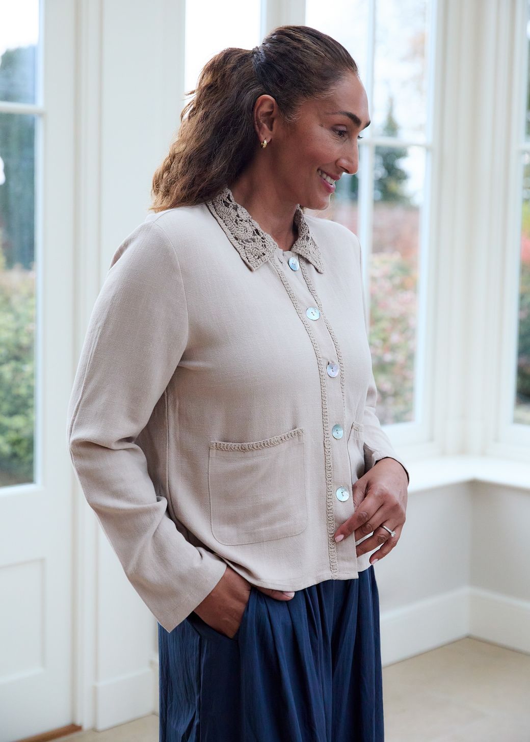 Linen Viscose Crochet Collar Boxy Linen Jacket