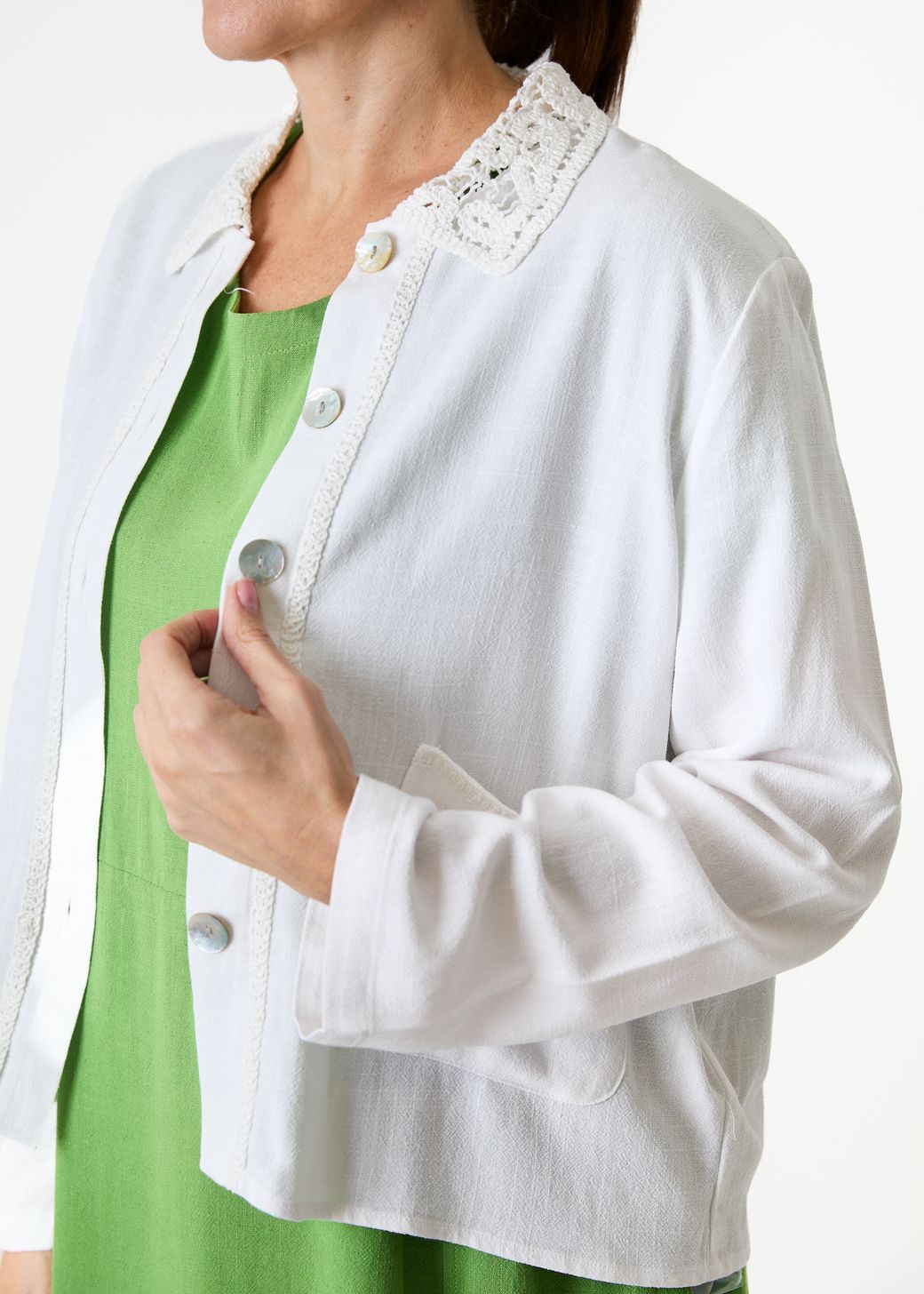 Linen Viscose Crochet Collar Boxy Linen Jacket