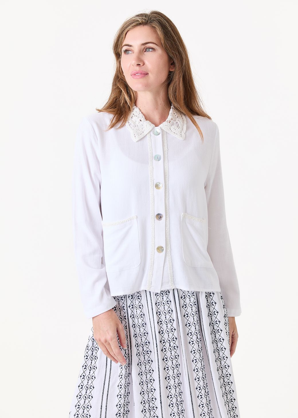 Linen Viscose Crochet Collar Boxy Linen Jacket