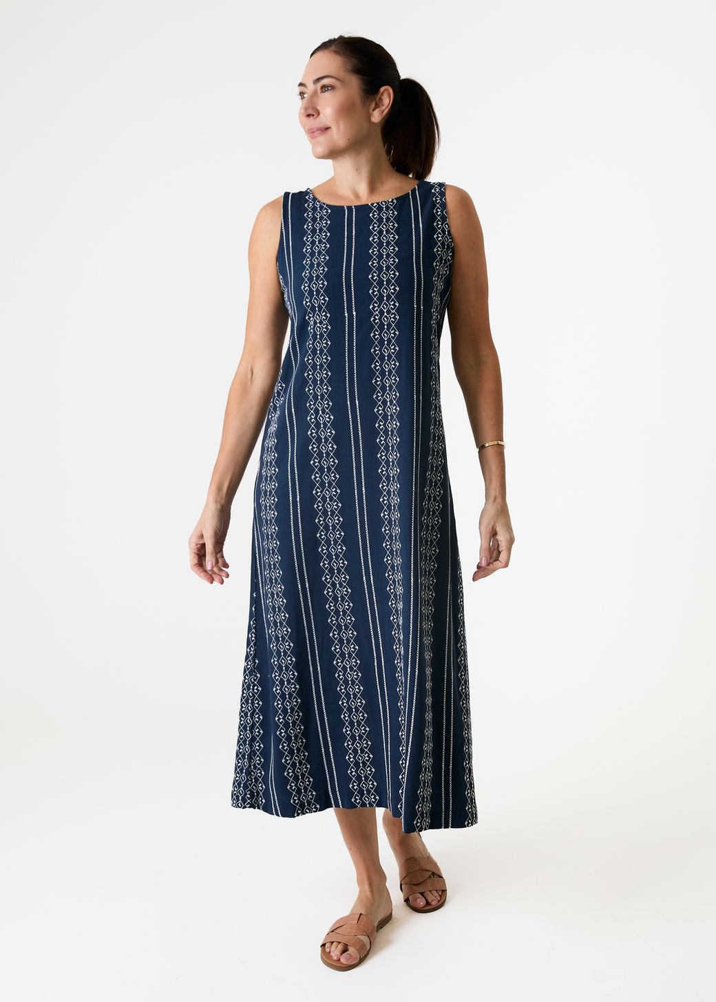 Zig Zag Embroidery Sleeveless Fitted Tie Back Maxi Dress