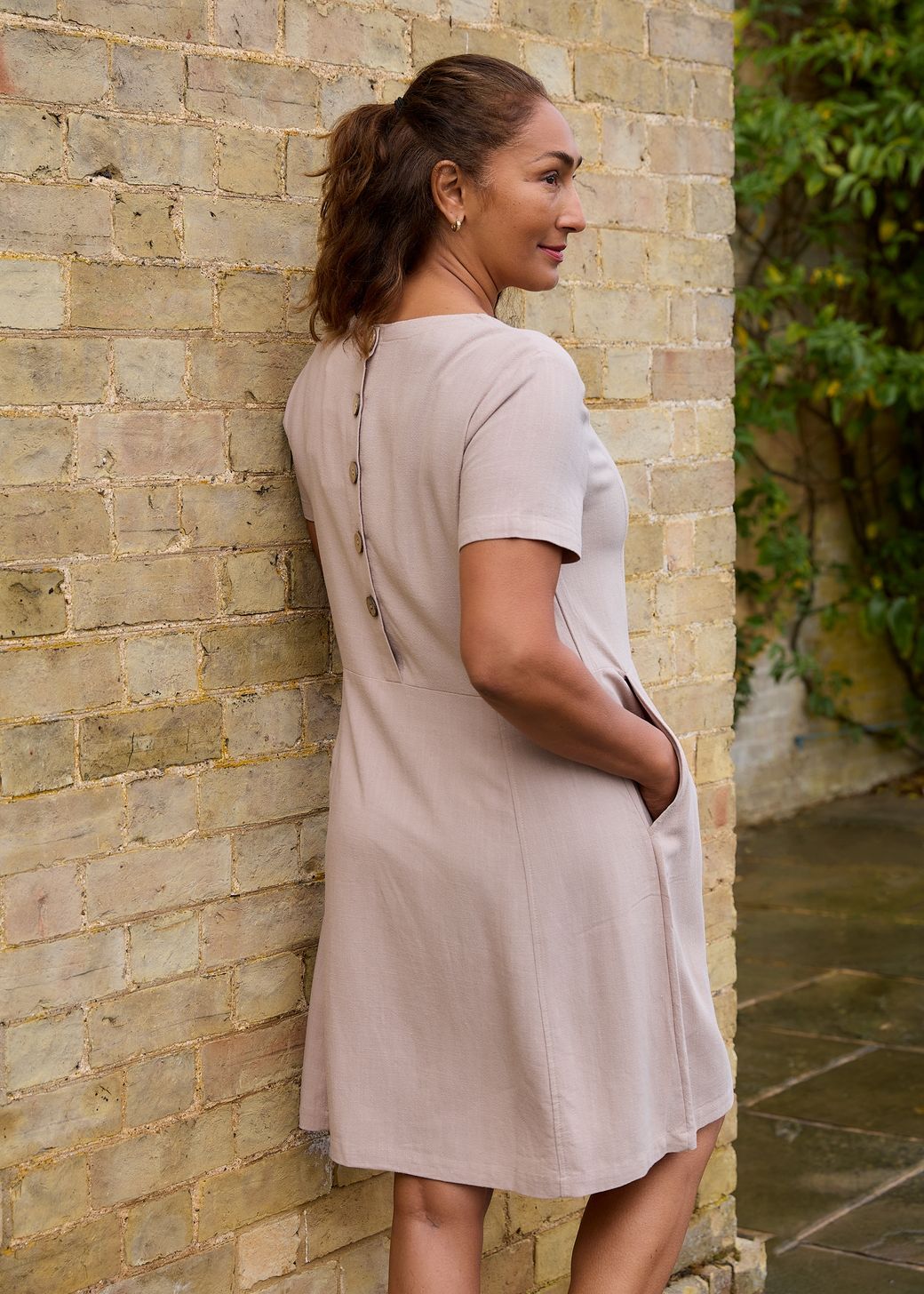 Linen Viscose Panelled Knee Length Dress