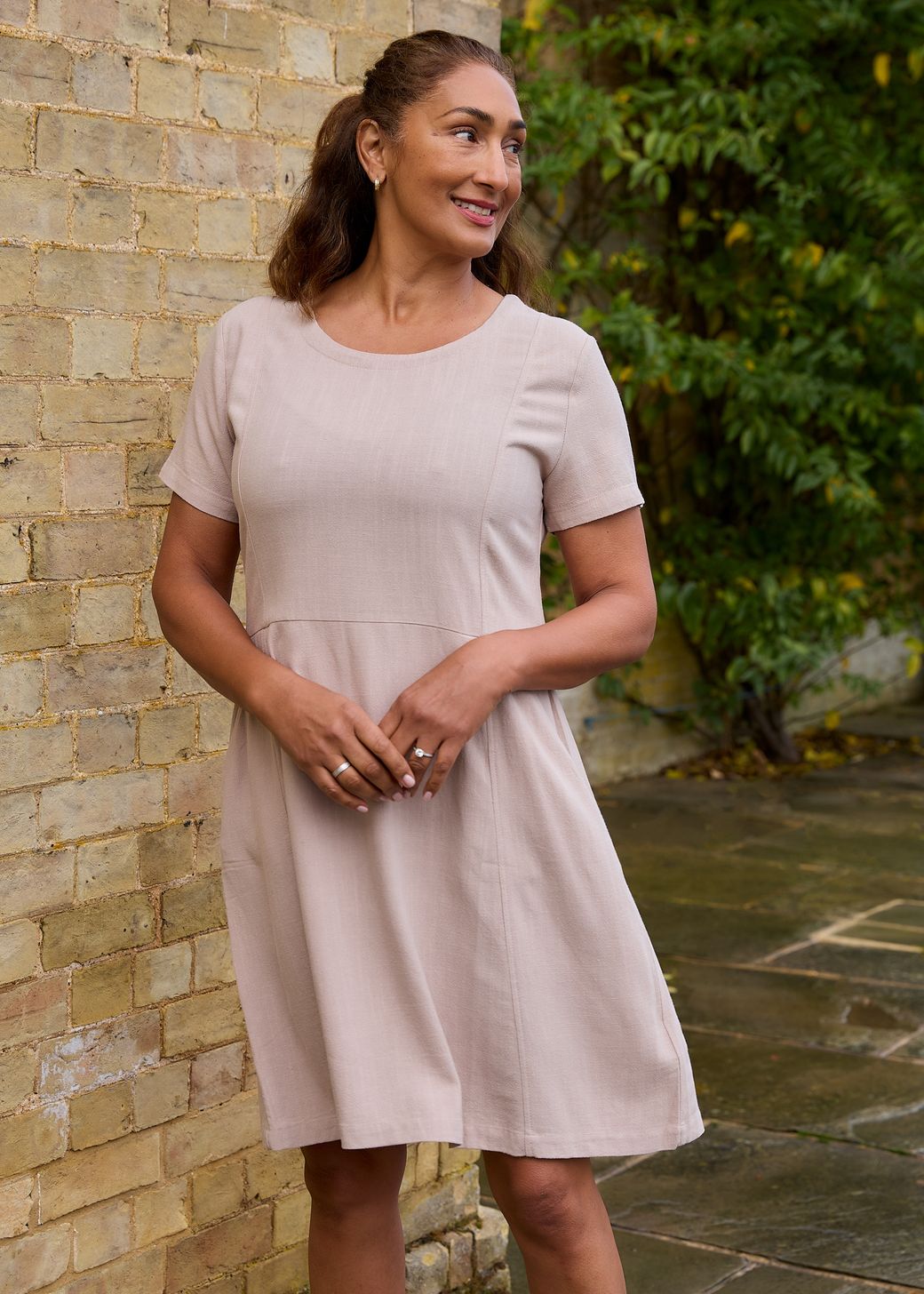 Linen Viscose Panelled Knee Length Dress