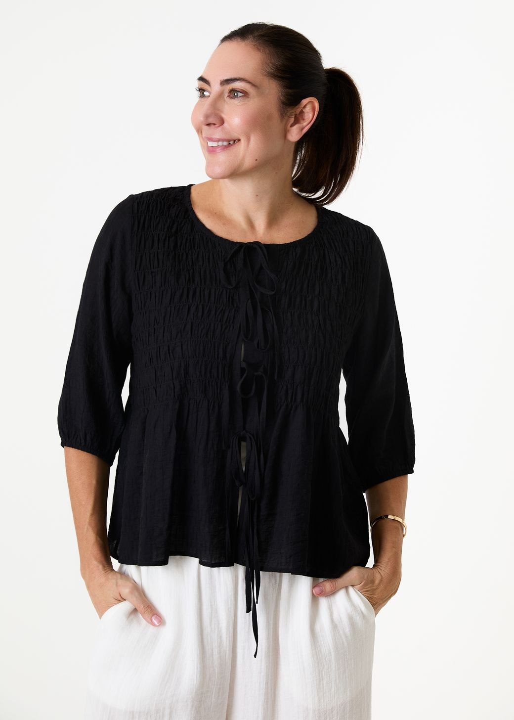 Textured Shirred Body Tie Front Blouse
